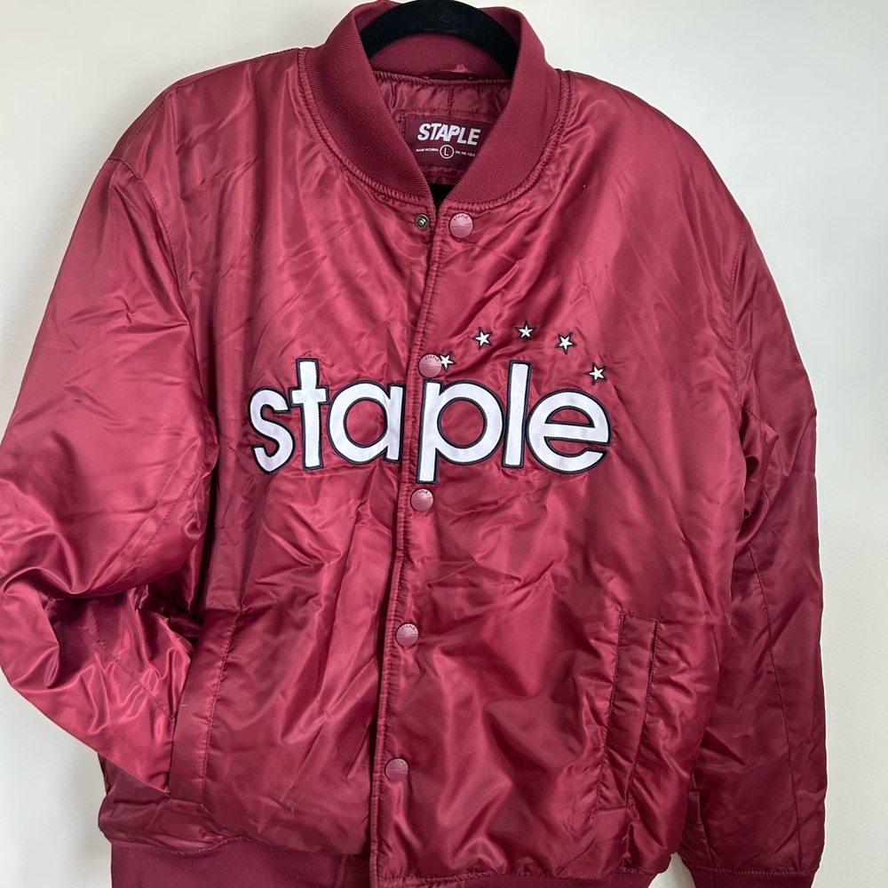 Staple Maroon and White satiny Bomber Jacket in men’s size Large